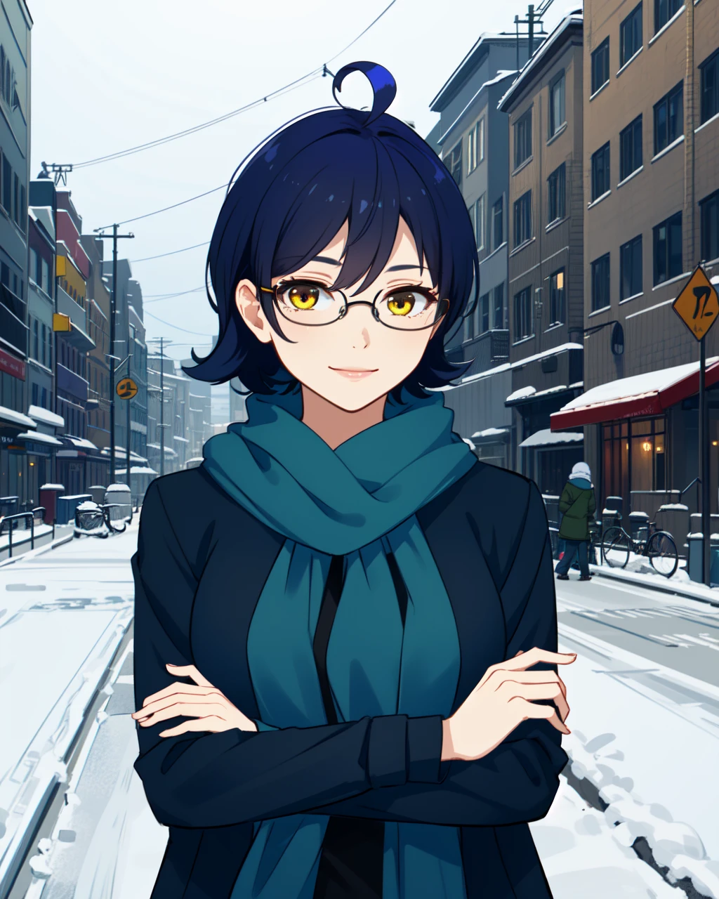 masterpiece, high quality, bljenya, 1girl, detailed, intricated, medium shot, upper body, hands crossed, detailed eyes, light smile, yellow eyes, blue hair, glasses, long blue winter fur coat, black scarf, ahoge, outdoors, city, street, winter, snow, <lora:bljenya-000008:0.6>