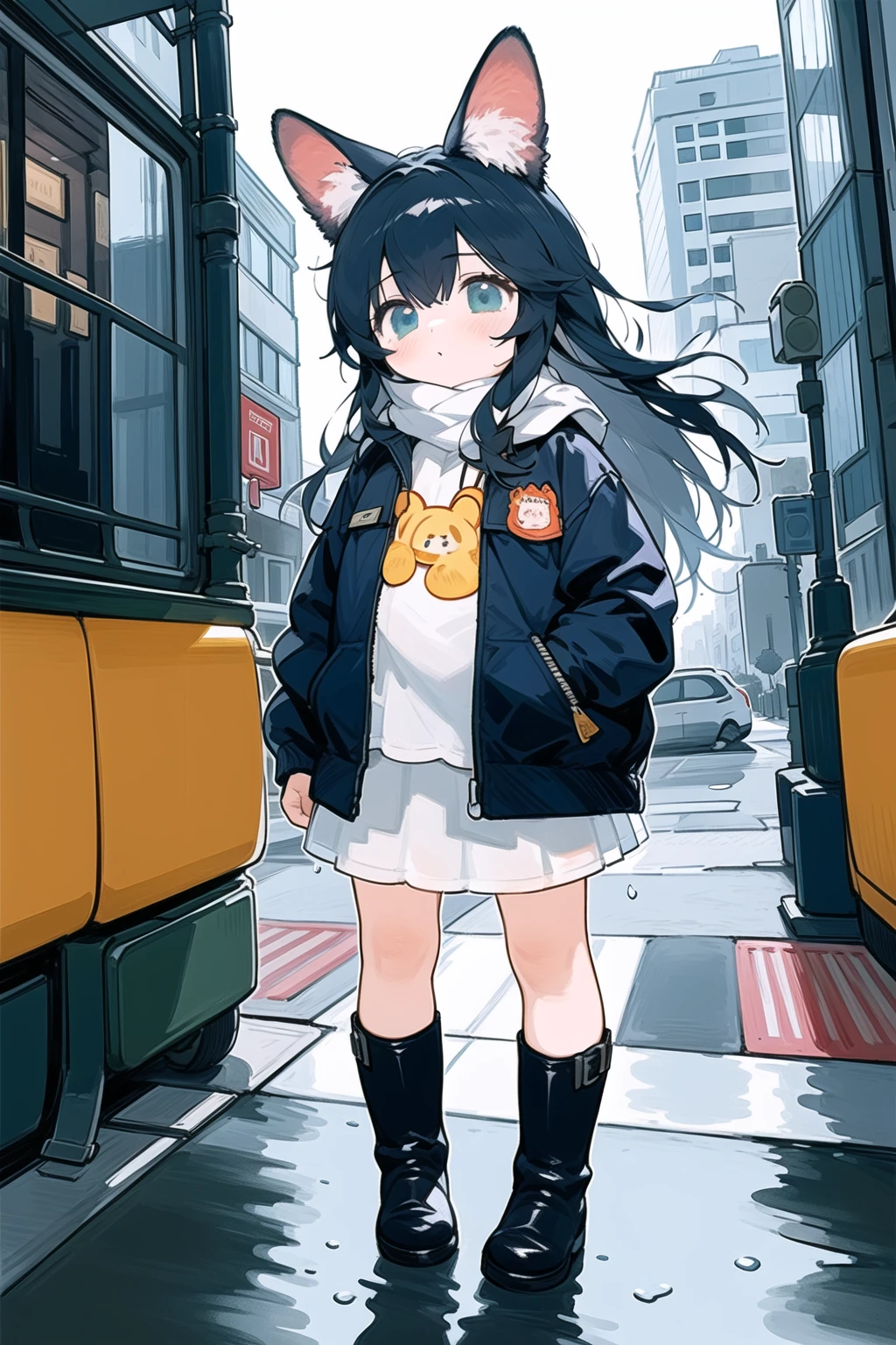 1girl,full body,rainy,animal_ears, boots, building, city, jacket, long_hair, skirt, skyscraper,city,outdoors,depth of field,
(masterpiece, best quality)