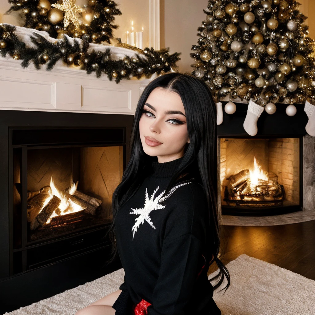 <lora:emmanorts_sd15_512_128_64_v1:1> emmanorts, 1girl black long weavy hair, wearing a christmas sweater, christmas decoration in background, lit fireplace in background