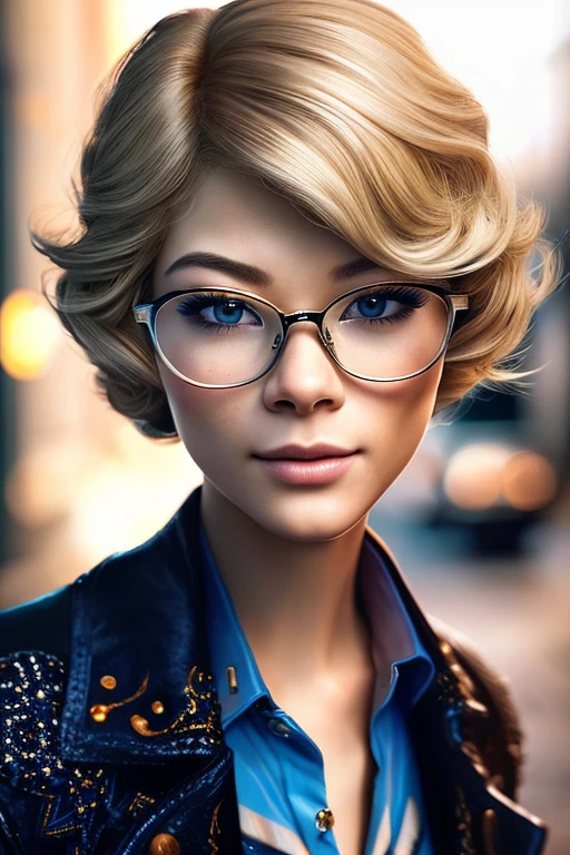 A radiant photography with a remarkably intricate vivid setting portraying a Graceful young lady looking like Olgal3 with glasses, captured by craig mcdean