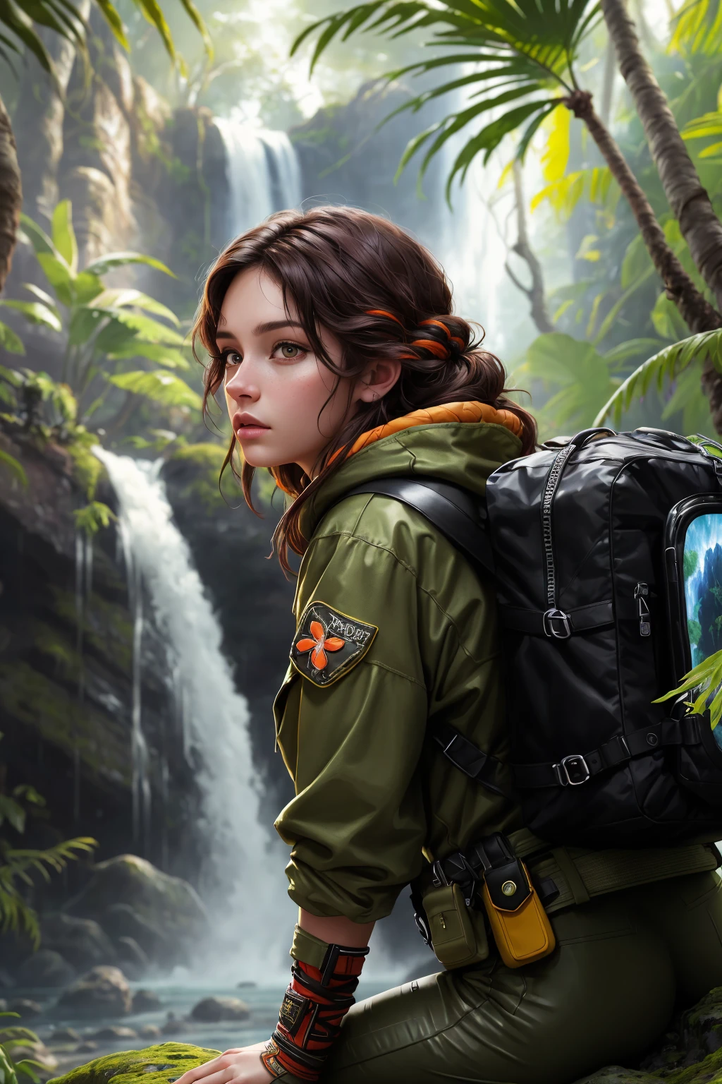 (Style-EMCG:1.0) (Style-DoF:1.0) from side, artistic portrait, digital painting of a brunette woman wearing explorer clothes, tactical gear, leaning against ancient ruins in a colorful tropical jungle, waterfall and large boulders, (foreground:1.3), (masterpiece) (best quality) (detailed) (intricate)