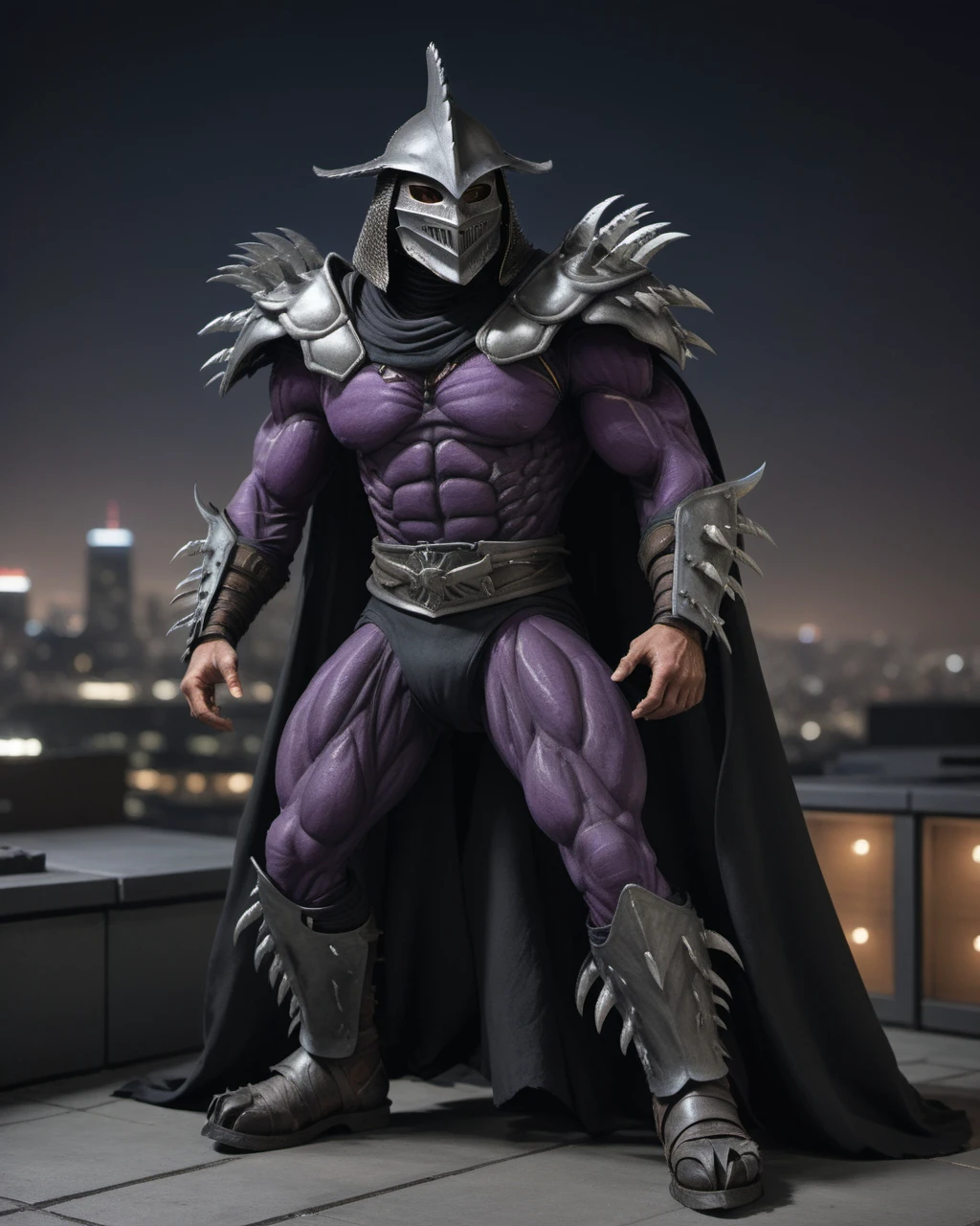 cinematic, (on a city rooftop, at night, bokeh, realistic lighting, ray tracing, bloom), ((full body shot, come-at-me-bro pose)), a highres RAW photo of a TMNTSuperShredder 1man armored samurai knight, wearing a dark purple outfit with serrated claw spike pauldrons and serrated claw gauntlets and serrated claw armored boots and serrated metal samurai helmet with mask, long black cape, <lora:TMNTSuperShredder_SDXL:0.5>, ((muscular, fitness physique)), atmospheric, ((photorealism, photorealistic:1.4)), 8k, highly detailed, intricate detail