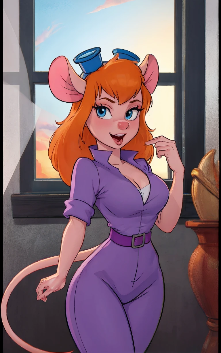 CARTOON_gadget_hackwrench_ownwaifu,
1girl, furry female, long hair, orange hair, blue eyes, bangs, sidelocks, buck teeth, animal ears, mouse ears, animal nose, mouse tail, body fur, tail, goggles, goggles on head, eyewear on head, breasts, medium breasts,
cleavage, jumpsuit, purple dress, collared shirt, short sleeves, sleeves rolled up, belt, pants,
<lora:CARTOON_gadget_hackwrench_ownwaifu:1> ,
((masterpiece)),((best quality)),(highres, absurdres), original, official_art, chromatic_aberration, bokeh, depth_of_field, window, wisteria, loaded_interior, skylight, sunset, indoors, window_shade, potted_plant, focused, looking at viewer, solo, cowboy shot,