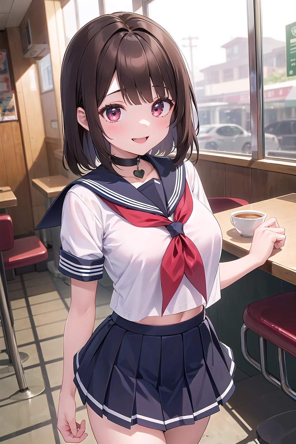 best quality, ultra-detailed, (1girl, solo, ,recon hair, dark brown hair, <lyco:heart-choker-v1:1.0> , xheartchokerx,hcpendant, serafuku, white shirt, short skirt, frilled skirt, , smile, standing), in an american diner