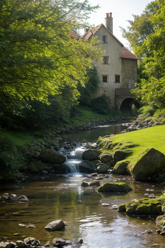 a charming medieval mill beside a bubbling brook, natural light, perfect composition