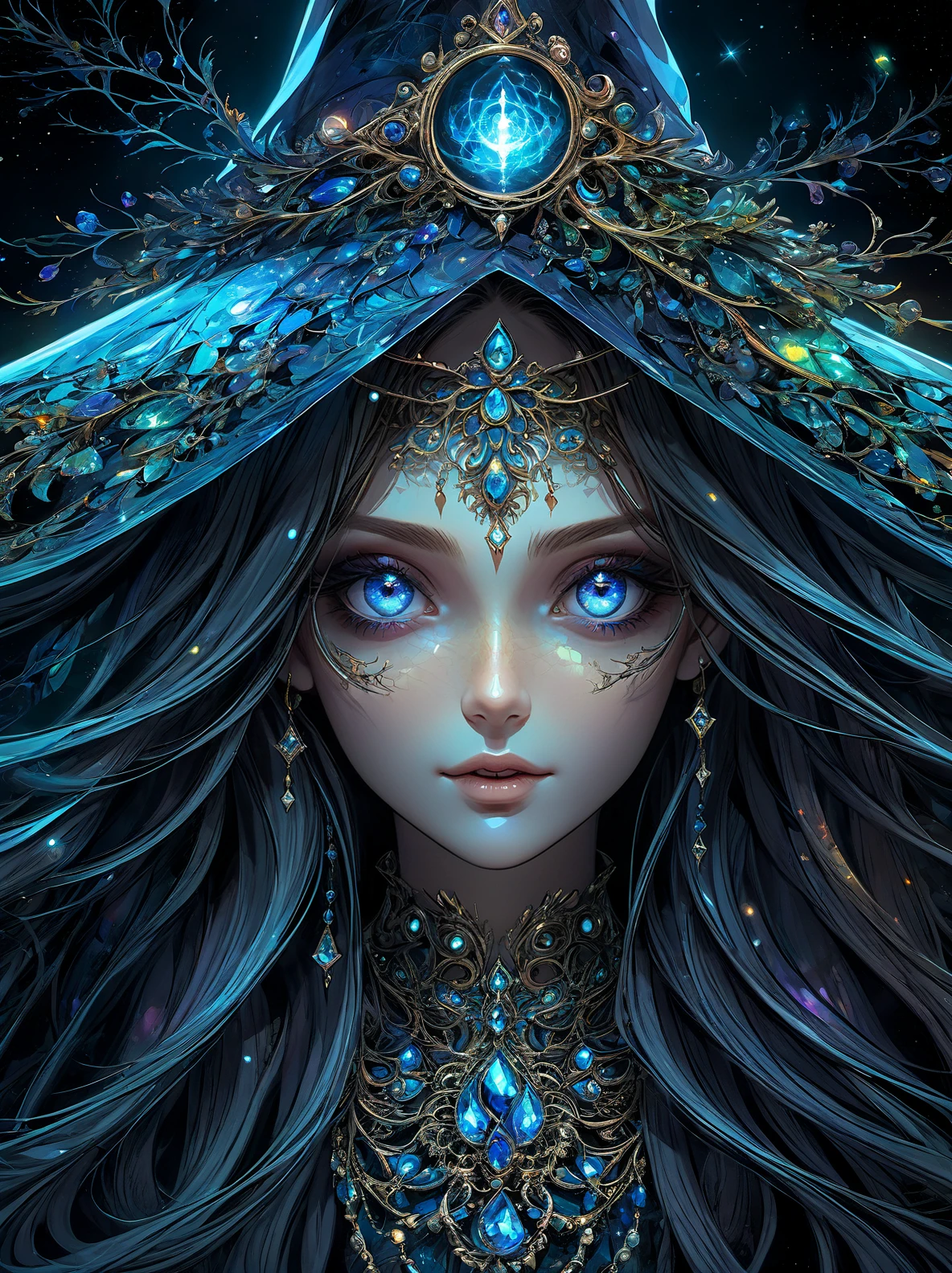 official art,beautiful and aesthetic,1girl,long hair,beautiful face,detailed eyes,colorful,jewelry,night,(realistic:1.5),extreme detailed,(fractal art:1.3),witch,