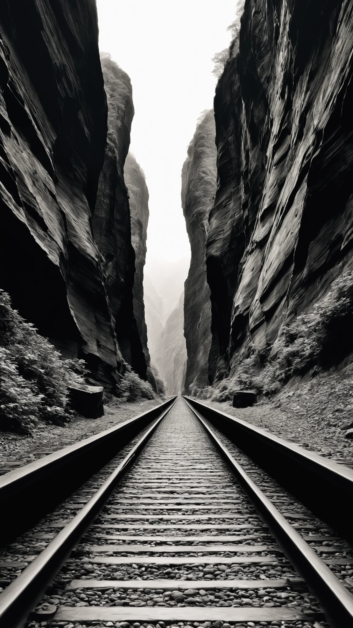 monochrome, greyscale, outdoors, tree, no humans, traditional media, scenery, stairs, road, hatching (texture), railroad tracks, A narrow canyon, the towering cliffs and converging walls creating an imposing and majestic natural wonder:1.4., by Gordon Willis<lora:One_Point_perspective:1><lora:One_Point_perspective:1><lora:One_Point_perspective:1><lora:One_Point_perspective:1>