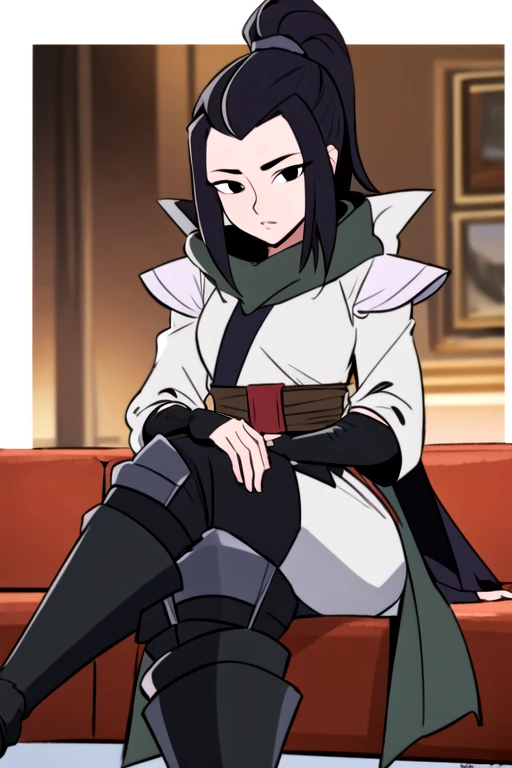 masterpiece, best quality, <lora:hamato_karai:0.7> 1girl, solo, looking at viewer, black hair, long hair, ponytail, black eyes, ponytail, hood down, white shirt, fingerless gloves, elbow gloves, black gloves, long sleeves, pants, boots, forehead, shoulder pads, pelvic curtain, sash, sitting, crossed legs, indoors, detailed, raytracing, ultra detailed,detailed face, 8k wallpaper,