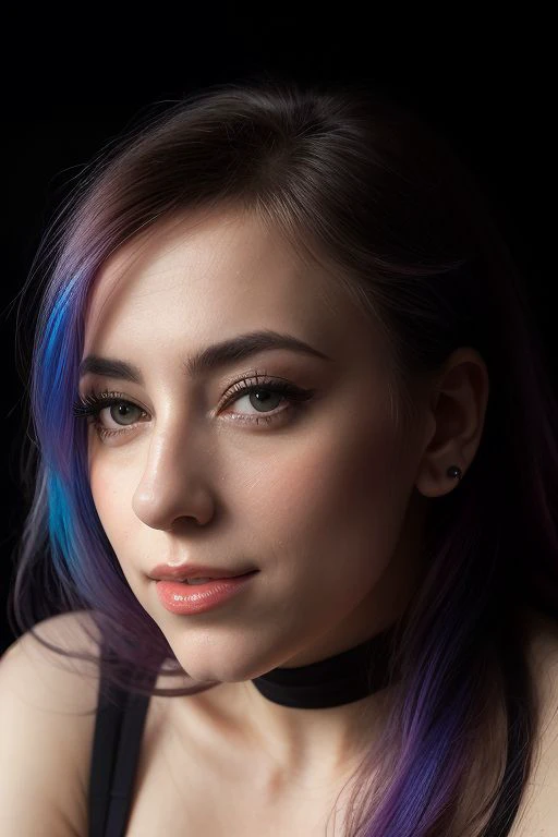 (Close-up, editorial photograph of a 21 year old woman), (highly detailed face:1.4) (smile:0.7) (background inside dark, moody, private study:1.3) POV, by lee jeffries, nikon d850, film stock photograph ,4 kodak portra 400 ,camera f1.6 lens ,rich colors, hyper realistic ,lifelike texture, dramatic lighting , cinestill 800, wavy hair, messy hair, short hair, curls, Serious smirk, Purple hair, Purple Eyes, freckles, White Skin, Halo Suit, Sci Fi, Cyberpunk, Futurism, Mass Effect, Astral Plane, European expressions, European woman, European skin, Athletic body, selfie