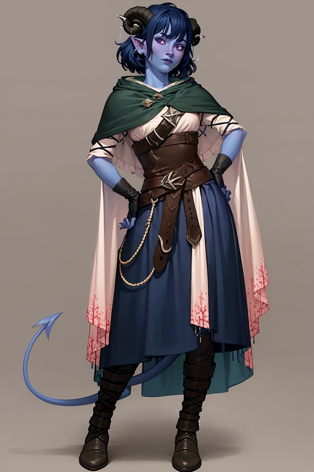 masterpiece, best quality, 1girl, jesterlavorre, blue hair,  purple eyes, blue skin, colored skin, horns, pointy ears, belt, capelet, demon tail, fingerless gloves, knee boots, tiefling, , full body, hands on hips, looking at viewer, solo, standing, simple background <lora:JesterLavorre:1>