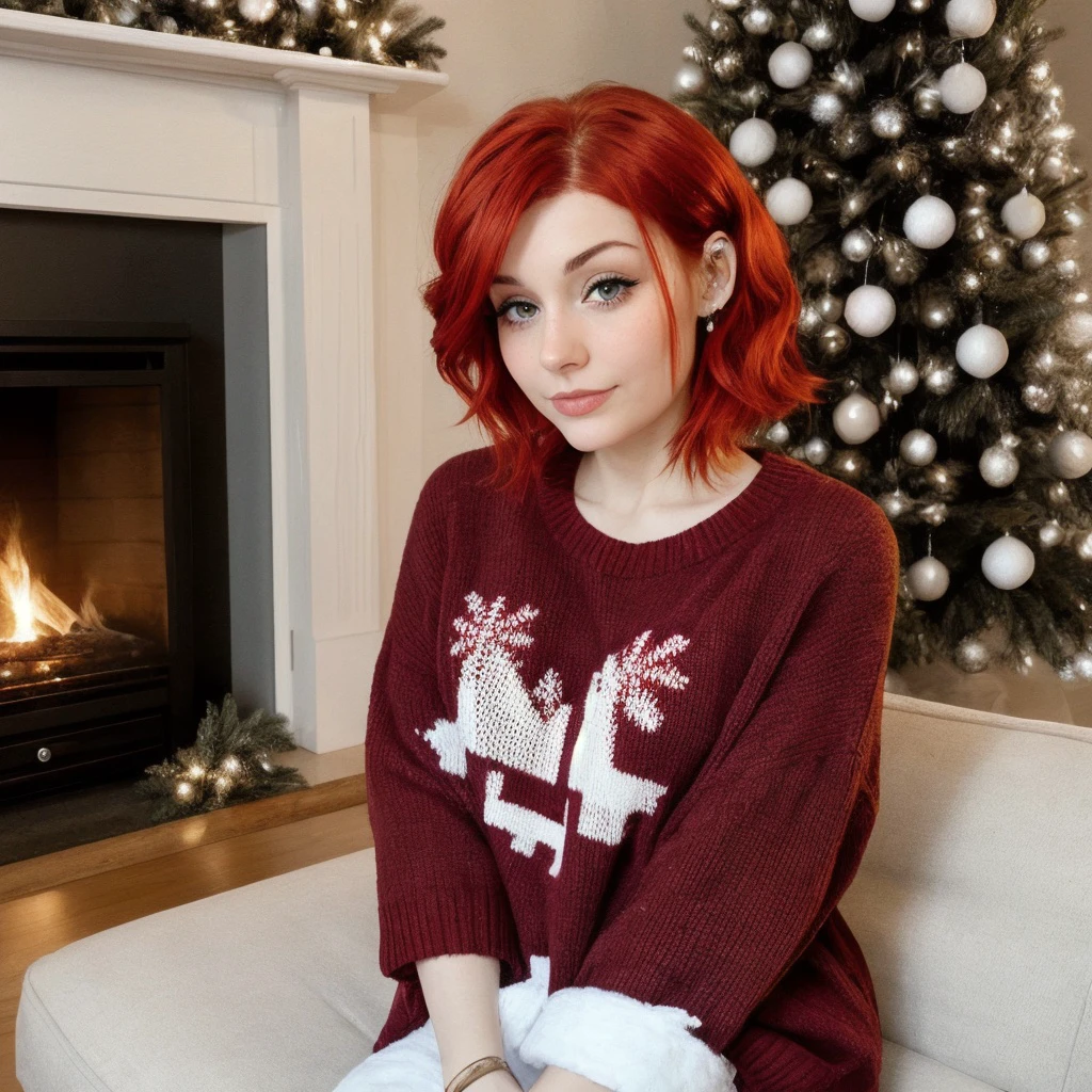 <lora:ricare_sd15_512_128_64_v1:1> ricare, 1girl short red hair, wearing a christmas sweater, christmas decoration in background, lit fireplace in background