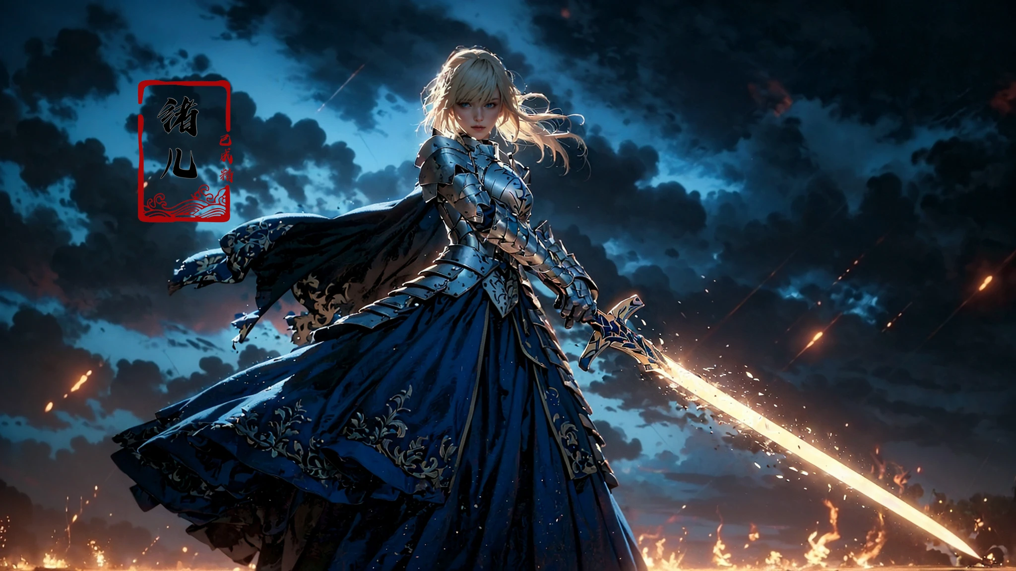 Epic CG masterpiece, hdr,dtm, full ha,8K, ultra detailed graphic tension, dynamic poses, stunning colors, 3D rendering, surrealism, cinematic lighting effects, realism, 00 renderer, super realistic, full - body photos, super vista, super wide Angle, HD
Saber1girl, In hand swordblue dressBlue bowgorgeous armorplatinum blonde hair
A shot with tension(sky glows red,Visual impact,giving the poster a dynamic and visually striking appearance:1.2),
<lora:~Q?-Saber:0.8>