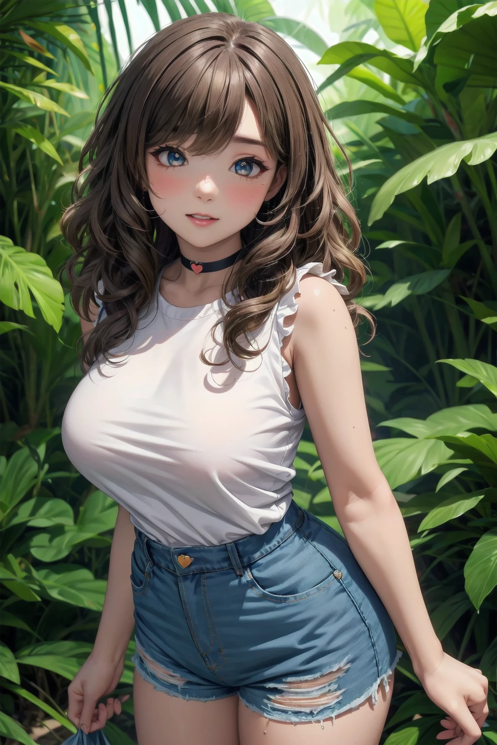 best quality, ultra-detailed, (1girl, solo, ,ringlets hair, brown hair, <lyco:heart-choker-v1:1.0> , xheartchokerx,hcattached, sleeveless white shirt, denim shorts, pupils sparkling, standing), in a rainforest