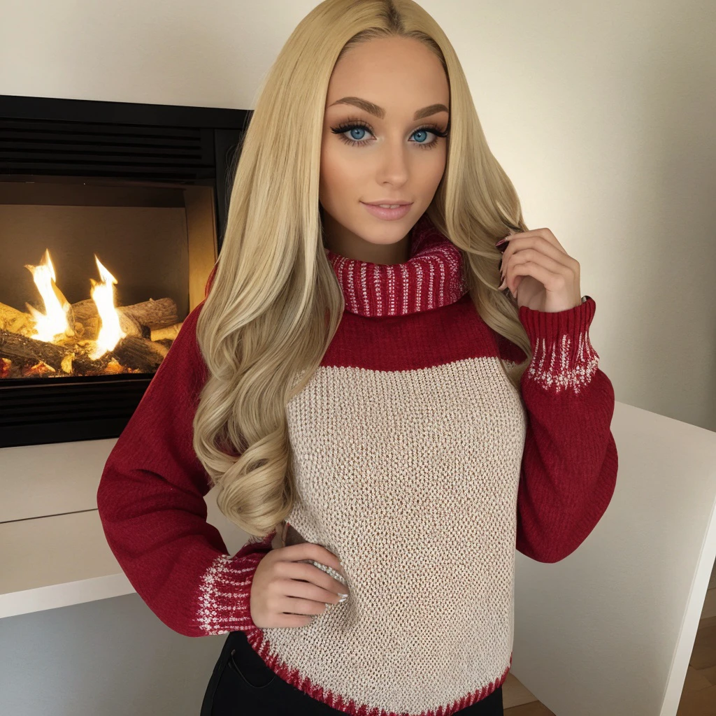 <lora:lucycat_sd15_512_128_64_v1:1> lucycat, 1girl blonde long hair, wearing a christmas sweater, christmas decoration in background, lit fireplace in background