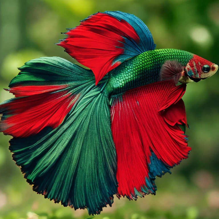 RAW photo, a Betta fish ,green and red colored fish, Right side view pose <lora:Mr_Betta_LORA:1>, 8k uhd, dslr, soft lighting, high quality, film grain, Fujifilm XT3