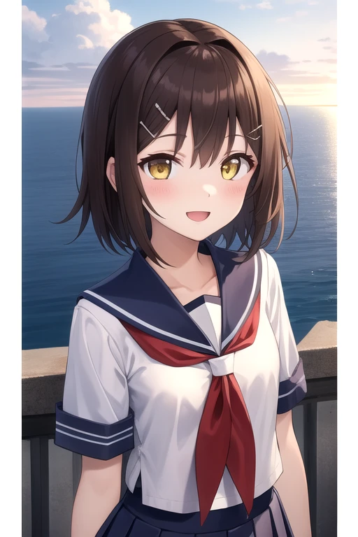 ((masterpiece)),(best quality),official art,extremely detailed CG,unity 8k wallpaper,ultra detailed,A lighthouse on a cliff by the sea,1girl,solo,upper body,(portrait:1.2),short_hair,brown_hair,white shirt,school_uniform,serafuku,yellow_eyes,single_thighhigh,smile,pleated_skirt,asymmetrical_legwear,hairclip,glowing_eye,hair_ornament,uneven_legwear,<lora:Furutaka(kan)>,