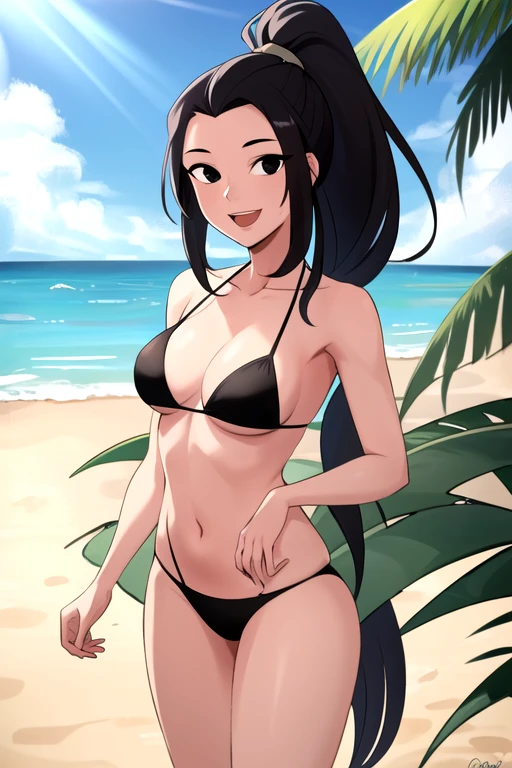 masterpiece, best quality, <lora:hamato_karai:0.7> 1girl, solo, looking at viewer, smile, black hair, looking at viewer, long hair, ponytail, black eyes, ponytail, bikini, outdoors, beach, sunlight, open mouth,