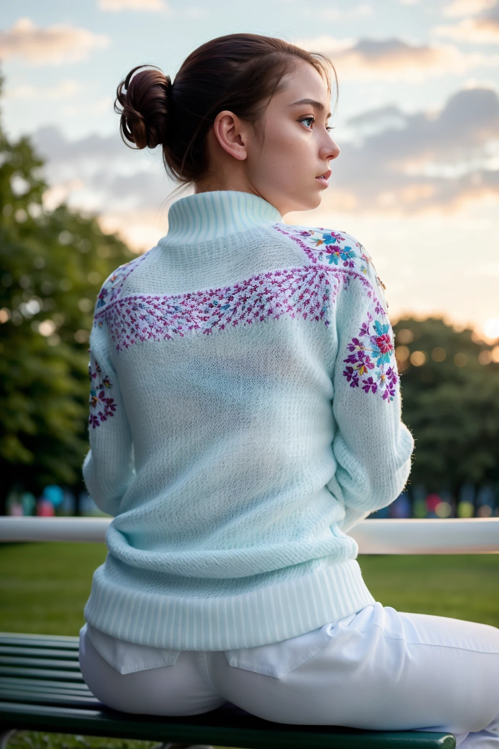 (Style-EMCG:1.0) (Style-DoF:1.0) from behind, scene from a movie, wearing (white:1.4) sweater and jacket, sitting on a green park bench with a sunset in the background, silhouette, (masterpiece:1.2) (photorealistic:1.2) (bokeh) (best quality) (detailed skin:1.3) (intricate details) (8k) (HDR) (analog film) (canon d5) (cinematic lighting) (sharp focus)