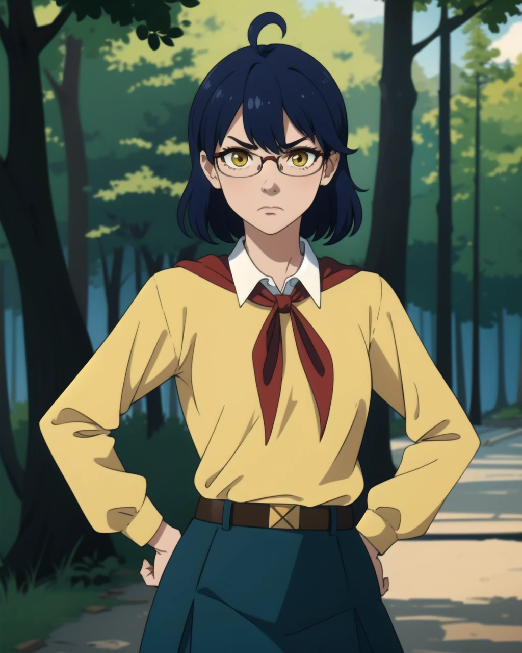 masterpiece, high quality, bljenya, 1girl, detailed, intricated, medium shot, upper body, hand on hip, (dynamic pose:0.9), detailed eyes, (angry:0.9), bored, yellow eyes, blue hair, ahoge, glasses, yellow sweater, white shirt, small breasts, red bow-tied neckerchief, leather belt, blue skirt, outdoors, forest, tree, <lora:bljenya-000008:0.6>