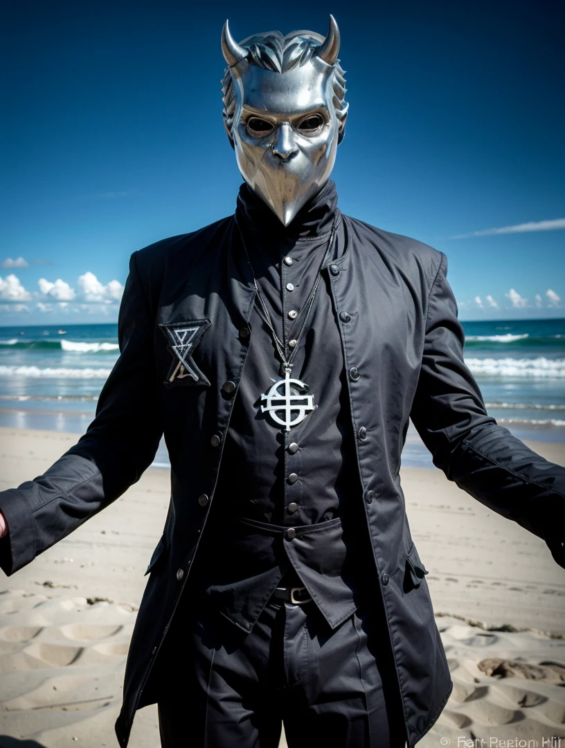 RAW photo, thin 1man, black priest rob, chrome devil mask, artistic pose, complex beach background, 8k uhd, dslr, soft lighting, high quality, film grain, Fujifilm XT3, (intricate details:0.9), (hdr, hyperdetailed:1.2)
<lora:NamelessGhoul:0.7> NamelessGhoul