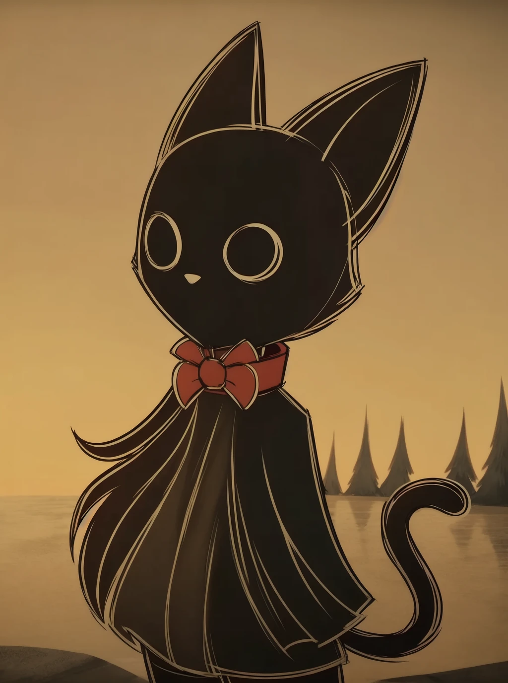 looking_away,cat girle,black long hair,wolf ears,black mantle,fluffy collar,cat ears,no pupils,sunset,<lora:Don't starve_vpred-000004:0.59>,don't starve,