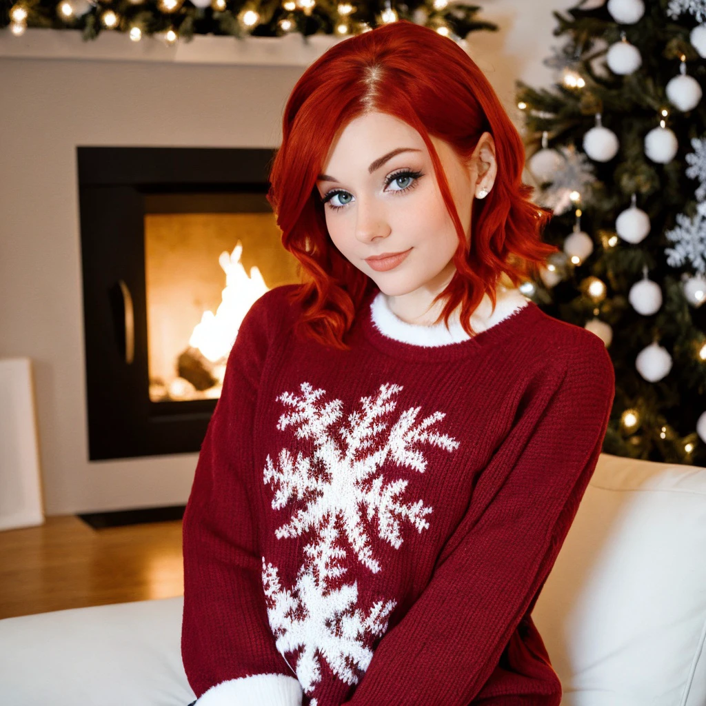 <lora:ricare_sd15_512_128_64_v1:1> ricare, 1girl short red hair, wearing a christmas sweater, christmas decoration in background, lit fireplace in background