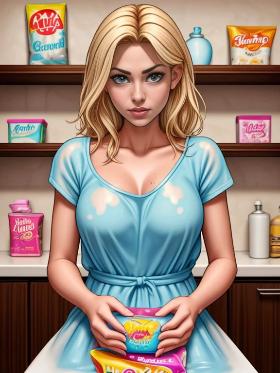 Jenny_McSloot bathing in a large kitchen sink with Lots of soap suds, Soapy Skin, (soap bubbles), lots of Kitschy Art on shelves, (Potato Chip Bag), (bag of chips), Kitschy Kitchen