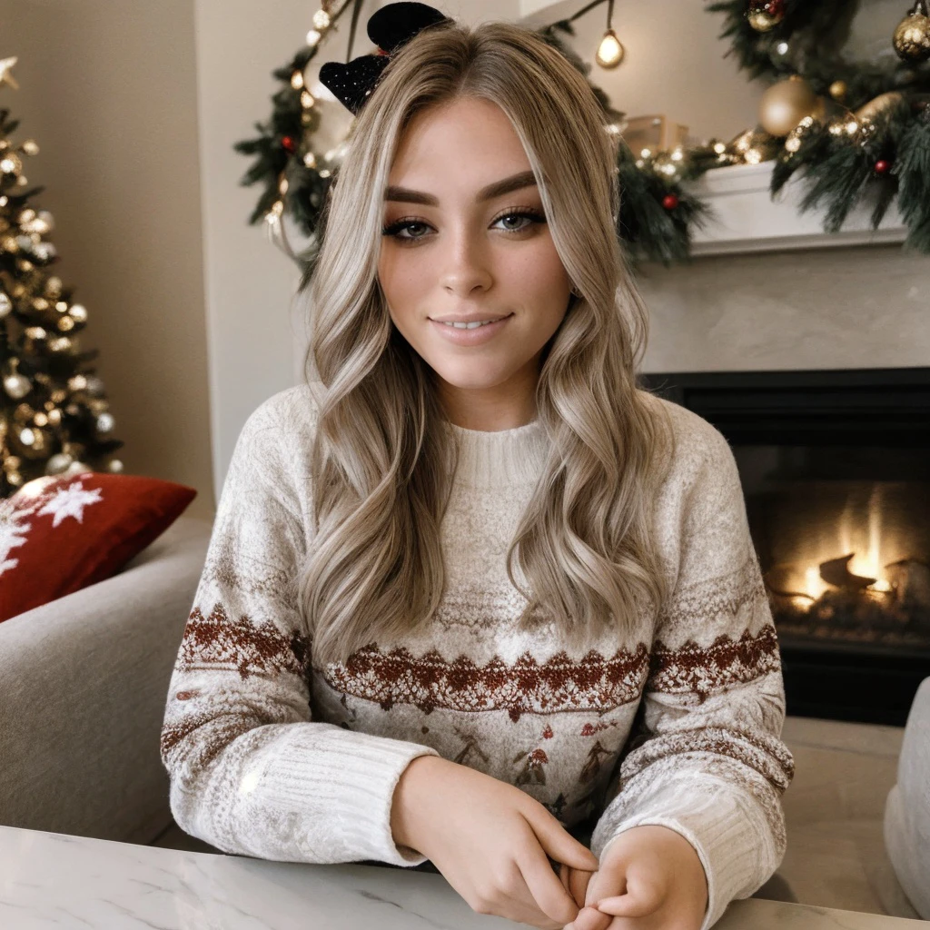 <lora:qtcinderella_sd15_512_128_64_v1:1> qtcinderella, 1girl blonde long weavy hair, wearing a christmas sweater, christmas decoration in background, lit fireplace in background