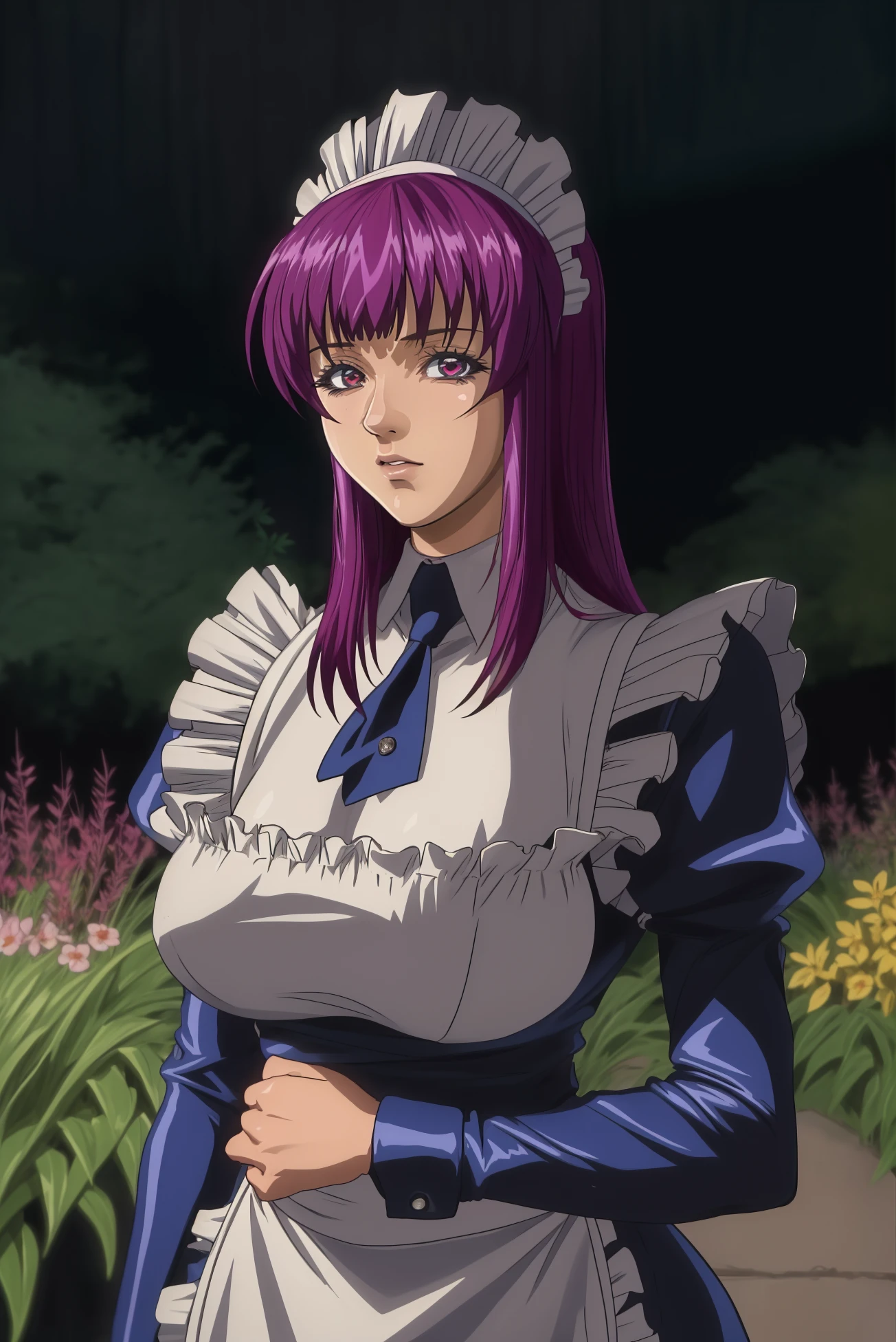 (masterpiece, best quality, high quality, highres, ultra-detailed),  1girl, HibinoYayoi, upper body, cowboy shot,  portrait, looking at viewer, maid,  maid headdress, outdoors, garden, purple hair, long hair,  <lora:HibinoYayoi:1>