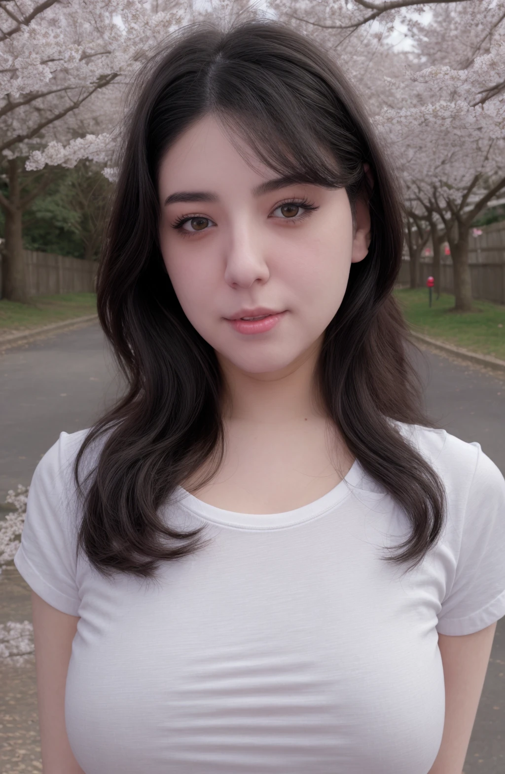 @BunnyAyu, BunnyAyumi \(Person)\, masterpiece, 1girl, ((portrait shot)), black eyes:1.5, nose, black hair, eyeliner, closed mouth, looking at viewer, long hair, white tshirt, background: urban street lined with cherry blossom trees, outdoors, <lora:BunnyAyumi:1>