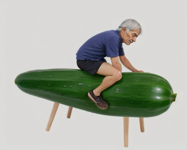<lora:shoryo_uma_v6:0.5>, skewer, shoryo_uma, old man, sit astride, riding, objectification, still life, food_focus, from side, cucumber
