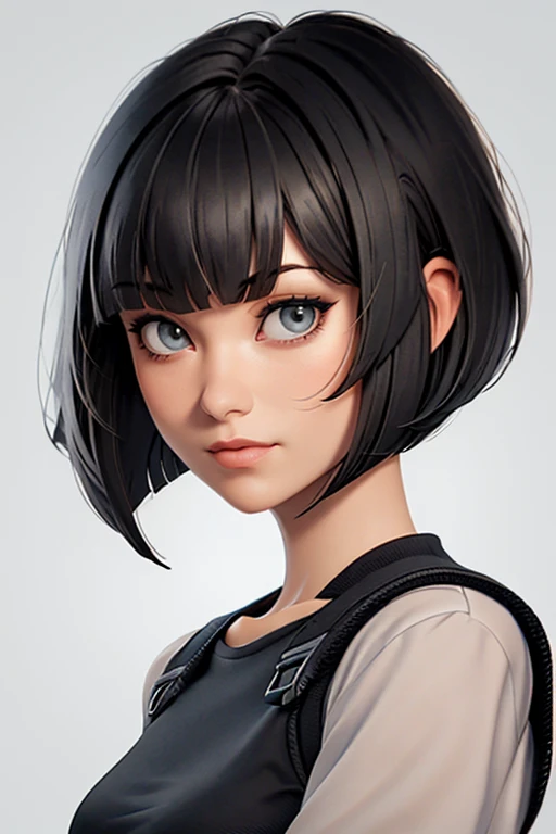 0l1v14w, face closeup, grey eyes, bangs, bob cut, short black hair, <lora:0l1v14w:1>