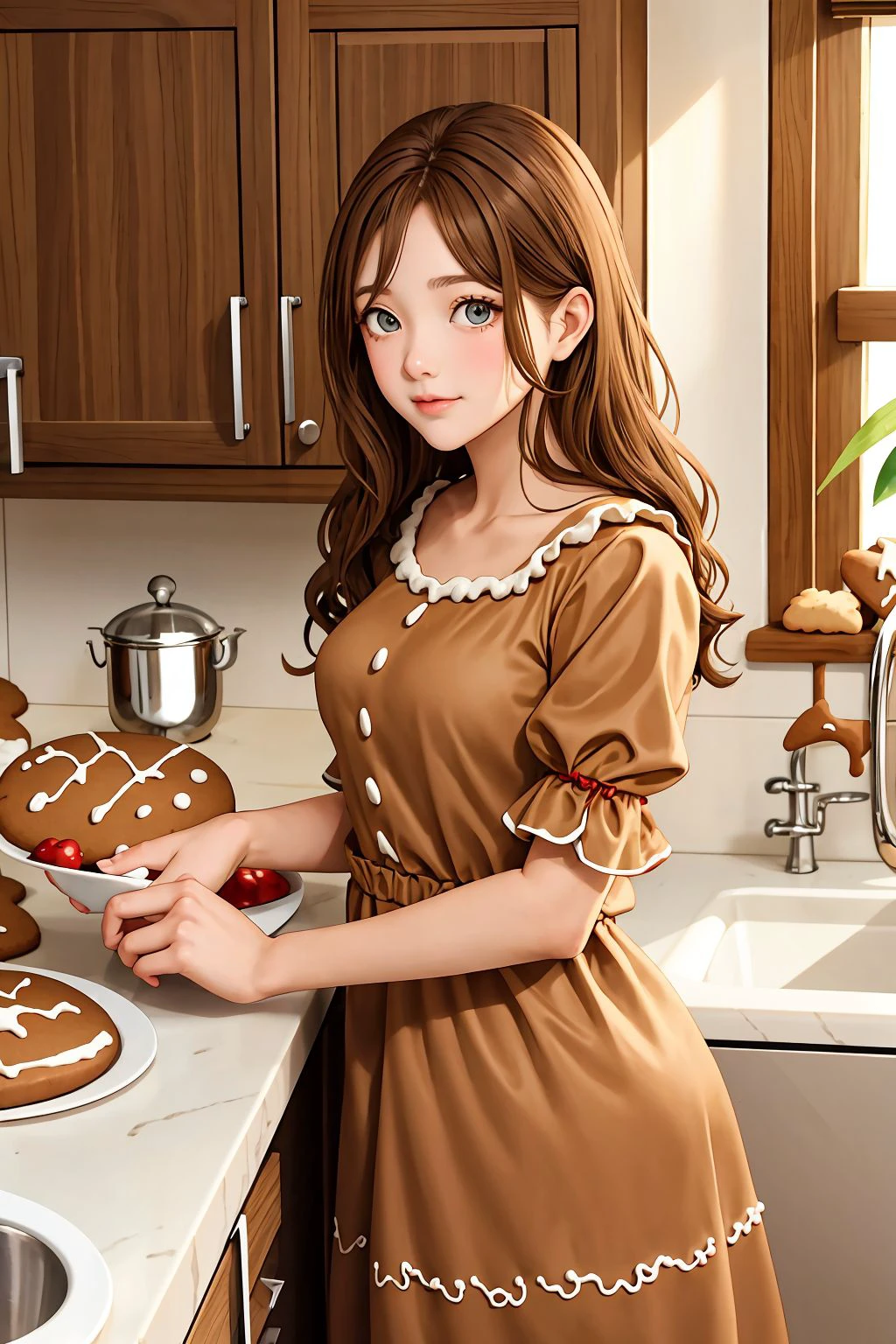 young woman, ash brown hair, coral eyes, (gingerbread dress) <lora:Gingerbread Dress_v1:1>, kitchen