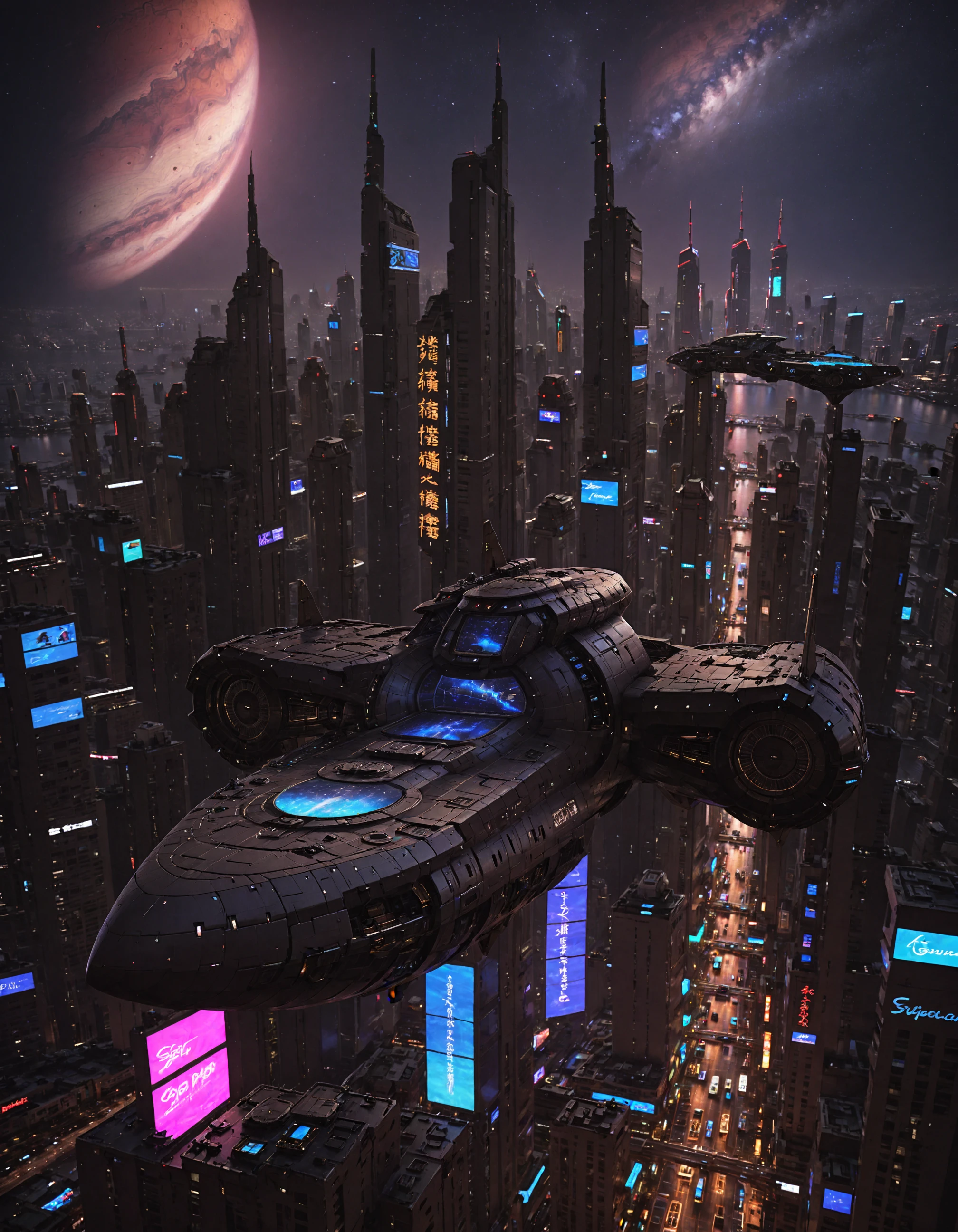 detailed artwork of cbbebop spaceship over a cyberpunk city at night detailed, neon lights, epic sky, undefined