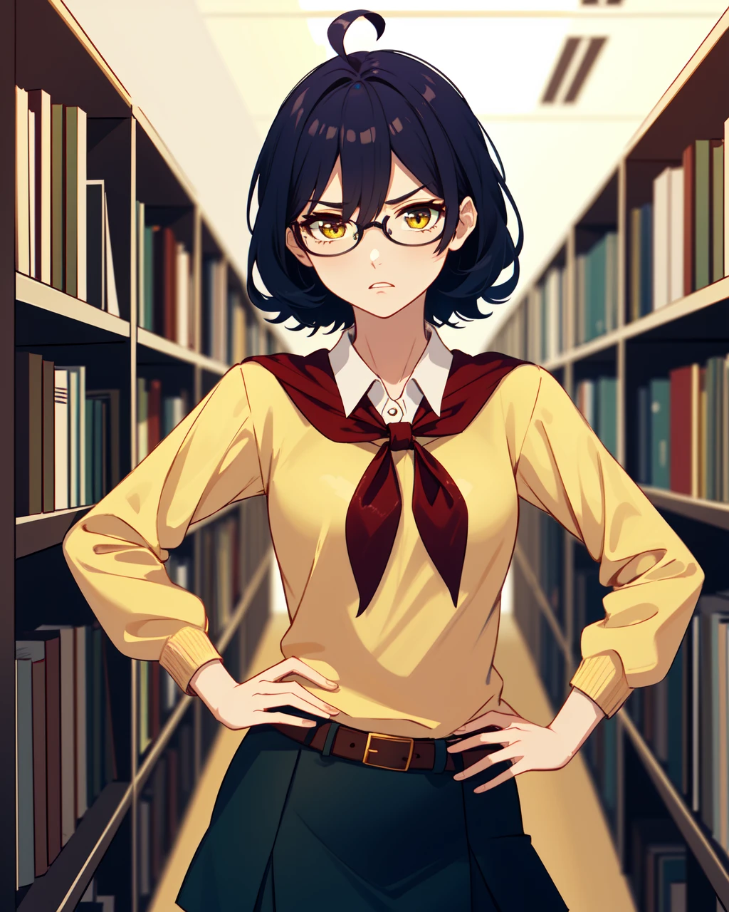 masterpiece, high quality, bljenya, 1girl, detailed, intricated, medium shot, upper body, hand on hip, (dynamic pose:0.9), detailed eyes, (angry:0.9), bored, yellow eyes, blue hair, ahoge, glasses, yellow sweater, white shirt, small breasts, red bow-tied neckerchief, leather belt, blue skirt, indoors, library, <lora:bljenya-000008:0.6>
