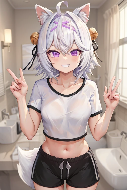 <lora:filian-10 (7):0.8> masterpiece, best quality, absurdres, colorful, indoors, day, 1girl, solo, filian, purple eyes, white hair, short hair, ahoge, animal ears, hair bell, hairband, white shirt, black shorts, tail, looking at viewer, upper body, grin, midriff, collarbone, small breasts, wide hips, slim legs