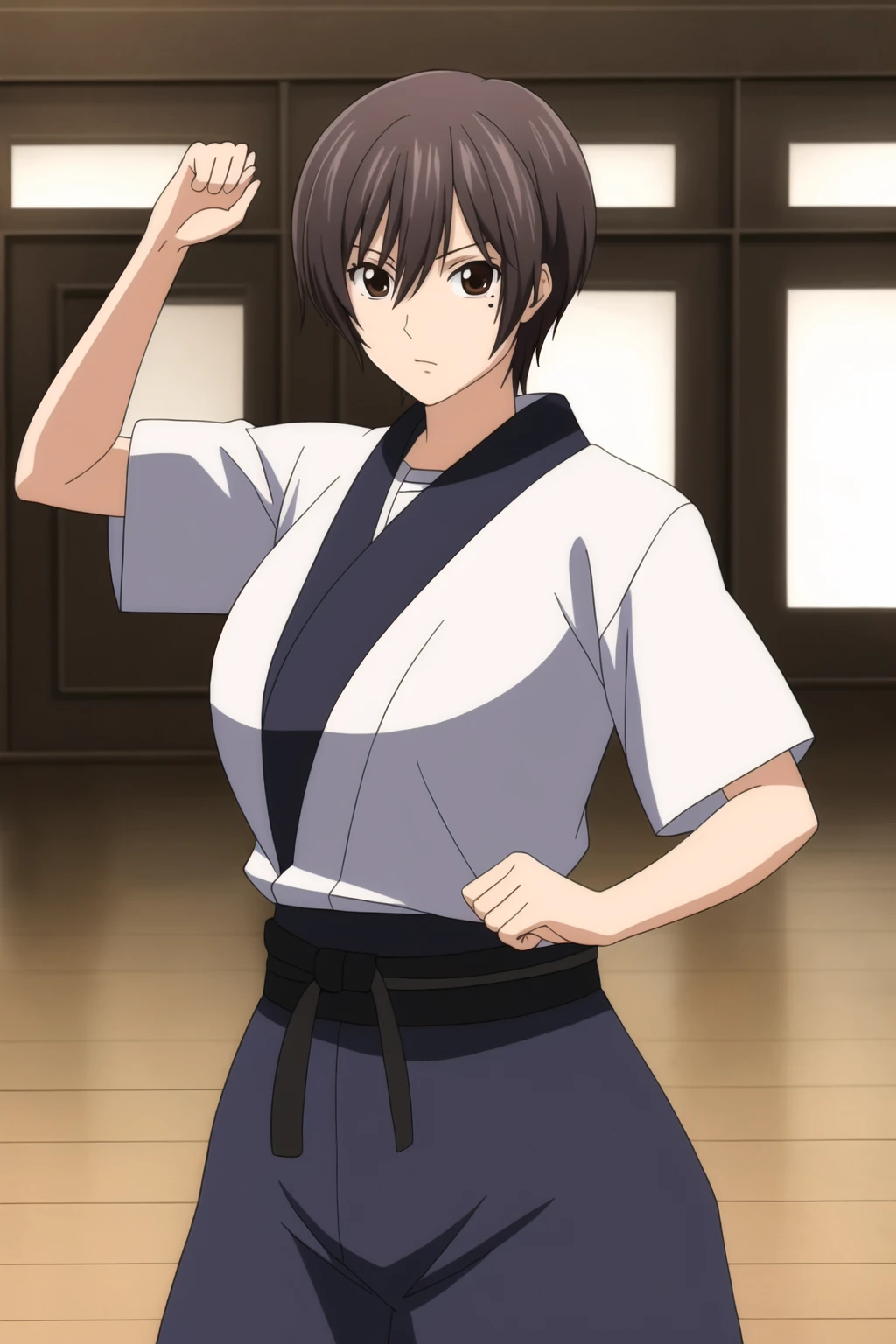 best quality,masterpiece,looking at viewer,huge filesize,
depth of field,1girl,breasts,
<lora:004-SAç¹ä¼ç-ä¸å æ:0.7>,toudou akira,purple hair,short hair,brown eyes,mole under eye,Martial Arts,Martial Arts Posture,Judo Clothing,In the Taoist Hall,Indoor,