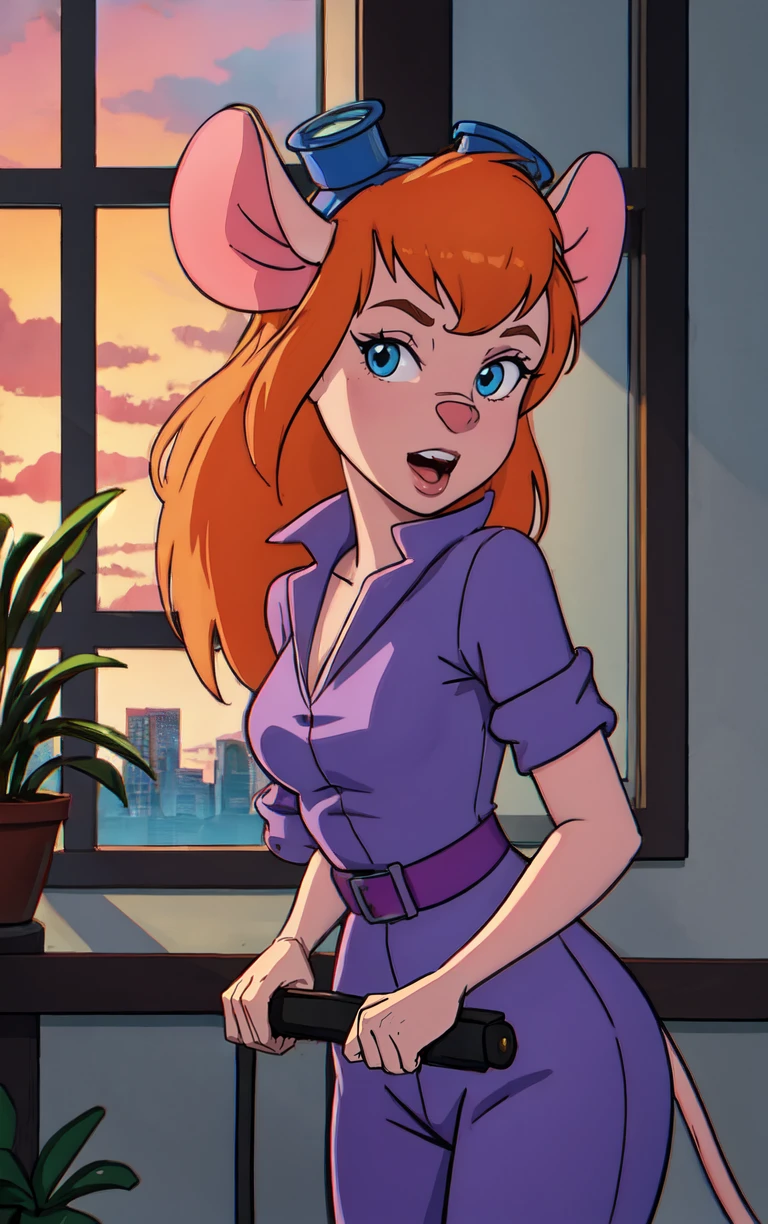 CARTOON_gadget_hackwrench_ownwaifu,
1girl, furry female, long hair, orange hair, blue eyes, bangs, sidelocks, buck teeth, animal ears, mouse ears, animal nose, mouse tail, body fur, tail, goggles, goggles on head, eyewear on head, breasts, medium breasts, 
cleavage,  jumpsuit, purple dress, collared shirt, short sleeves, sleeves rolled up, belt, pants, 
<lora:CARTOON_gadget_hackwrench_ownwaifu:0.9> ,
((masterpiece)),((best quality)),(highres, absurdres), original, official_art, chromatic_aberration, bokeh, depth_of_field, skyline, cloudy_sky, sunset, indoors, window_shade, potted_plant, hanging_plant, focused, looking at viewer, solo, cowboy shot,