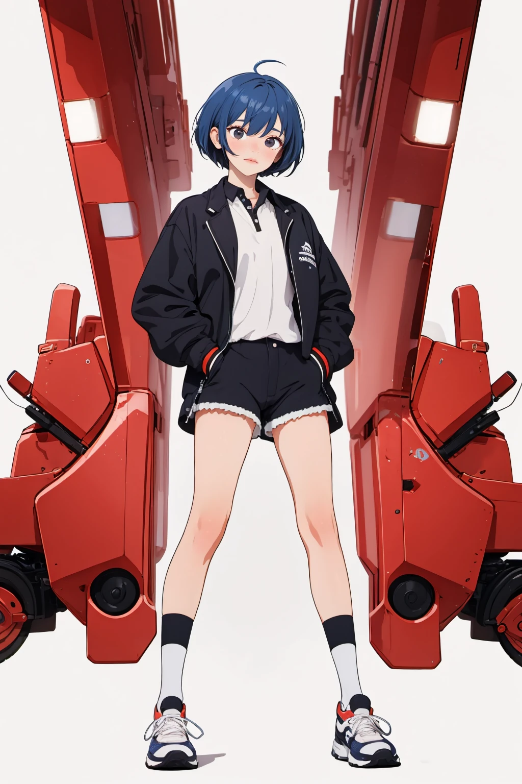 (masterpiece, best quality:1.2),  <lora:neocoill:1>, neocoill, 1girl, solo, shoes, shirt, blue hair, shorts, hands in pockets, socks, full body, jacket, white socks, shirt tucked in, looking at viewer, black jacket, black eyes, grey shirt, black shorts, black footwear, sneakers, collared shirt, simple background, standing, short hair, white background, closed mouth, two side up, bangs, open clothes