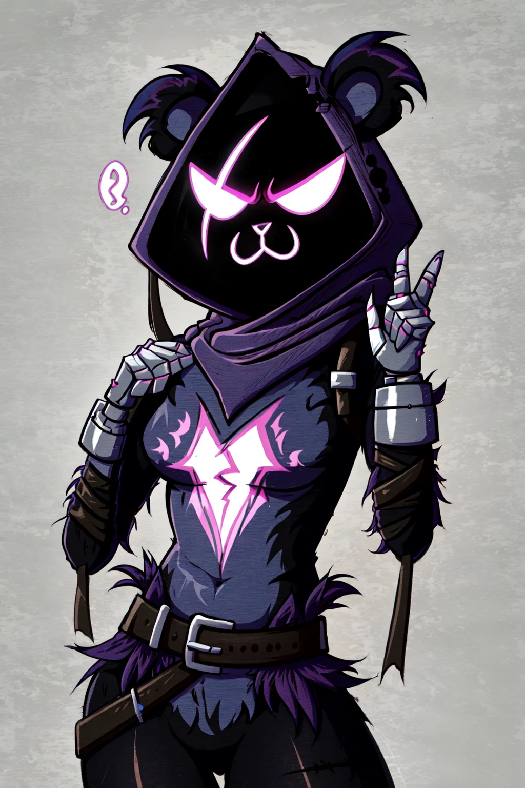 Raven Team Leader, 1girl, purple hood, animal ears, shaded face, purple skin, scar on eye, (furry), (body fur:1.2), purple fur, belt, straps, :3, torso symbol, metal gloves, upper body, peace sign, v, frown, <lora:Raven_TL:1>