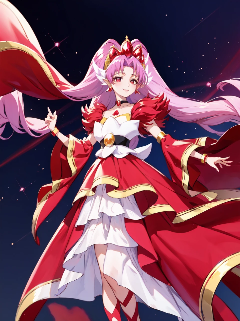 masterpiece, best quality, looking at viewer, depth of field, standing, full body, 
1girl, <lora:locon_cure_scarlet_01:0.9>, cure scarlet, tiara, wide sleeves, black choker, earrings, bracelet, gem, red legwear, pointy ears, eyeshadow, 
smile, ((gradient background)), lens flare,