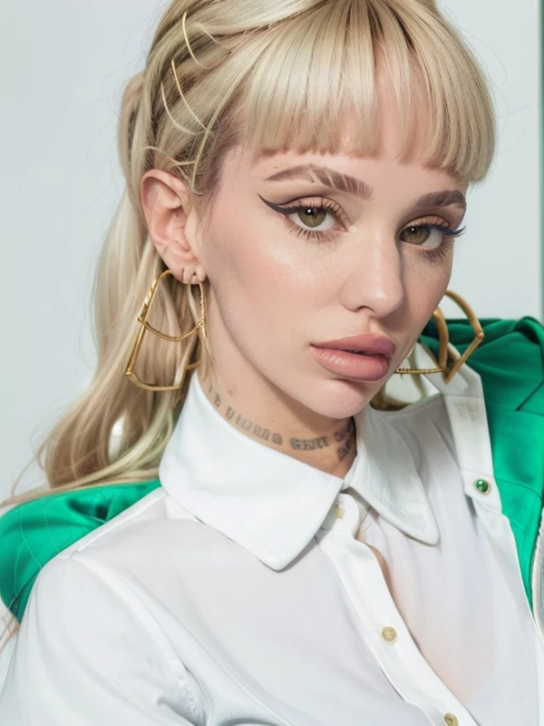 gquality, <lora:joaqui-10:1> joaqui, 1girl, solo, looking at viewer, blonde hair, simple background, shirt, jacket, white shirt, multicolored hair, earrings, collared shirt, black eyes, hoop earrings, green jacket, parted lips, two-tone hair, eyeliner, makeup, realistic