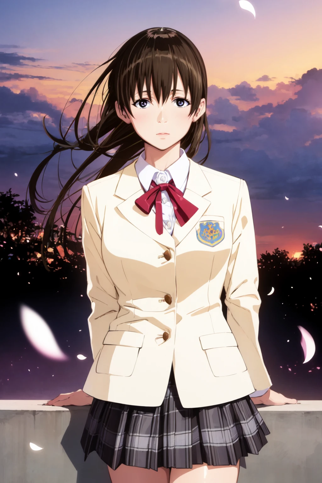 karense, 1girl, solo, school uniform, blazer, collared shirt, plaid skirt, looking at viewer, pleated skirt, outdoors, sky, petals, arms behind back <lora:karense-09:0.8>