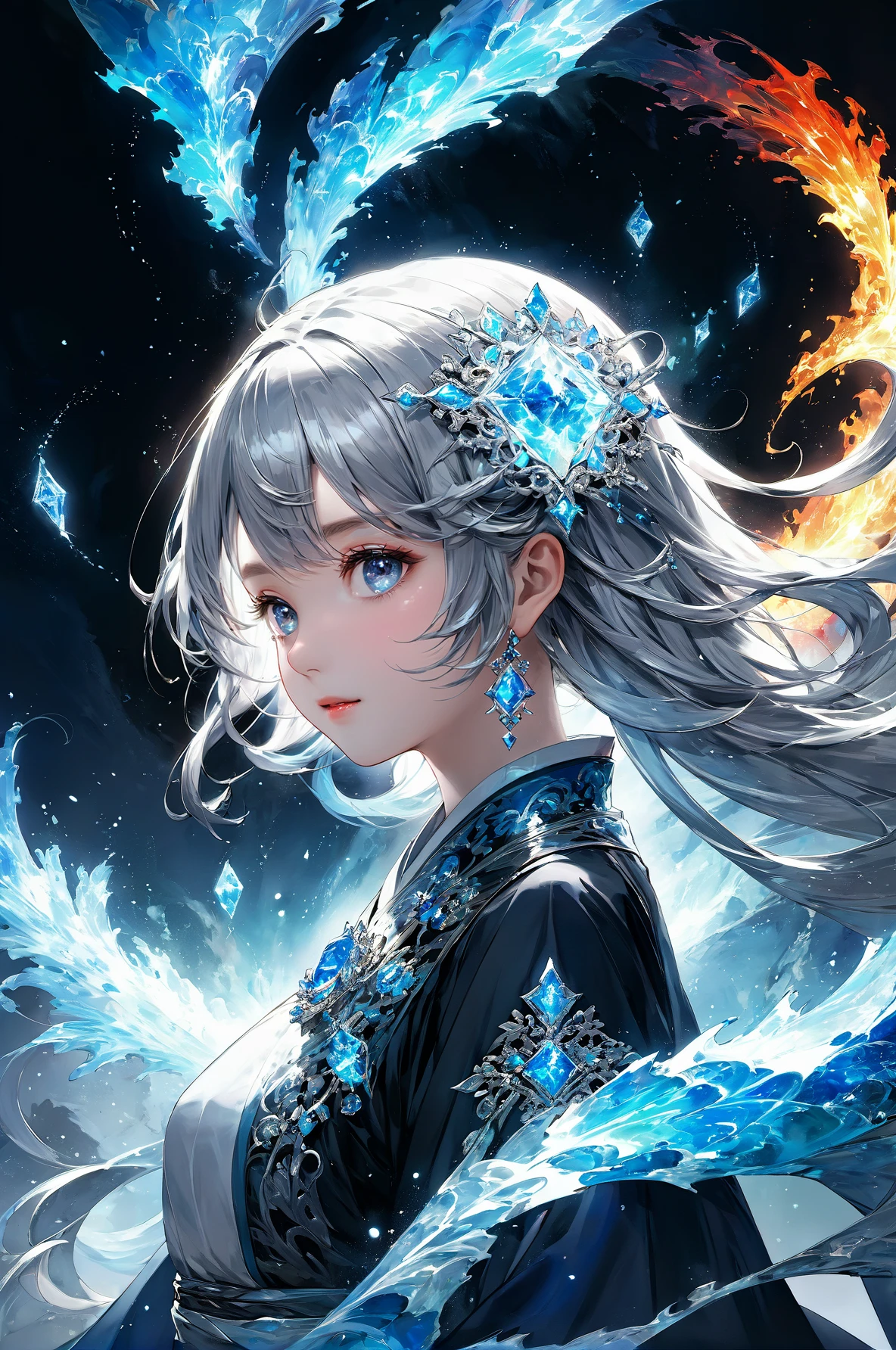 (masterpiece, top quality, best quality, official art, beautiful and aesthetic:1.2),(1girl:1.2),cute,extreme detailed,(abstract:1.4, fractal art:1.3),(silver_hair:1.1),fate \(series\),colorful,highest detailed,fire,ice,lightning,(splash_art:1.2),jewelry:1.4,hanfu,scenery,ink,