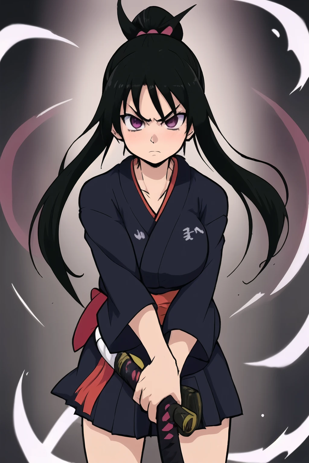 1girl,solo,kiritani_konome,gym,holding katana,kimono,serious look,looking at viewer,dark aura,energy swirling,sheath,blade,<lora:Kiritani_Konome_NF_V2:0.8>,