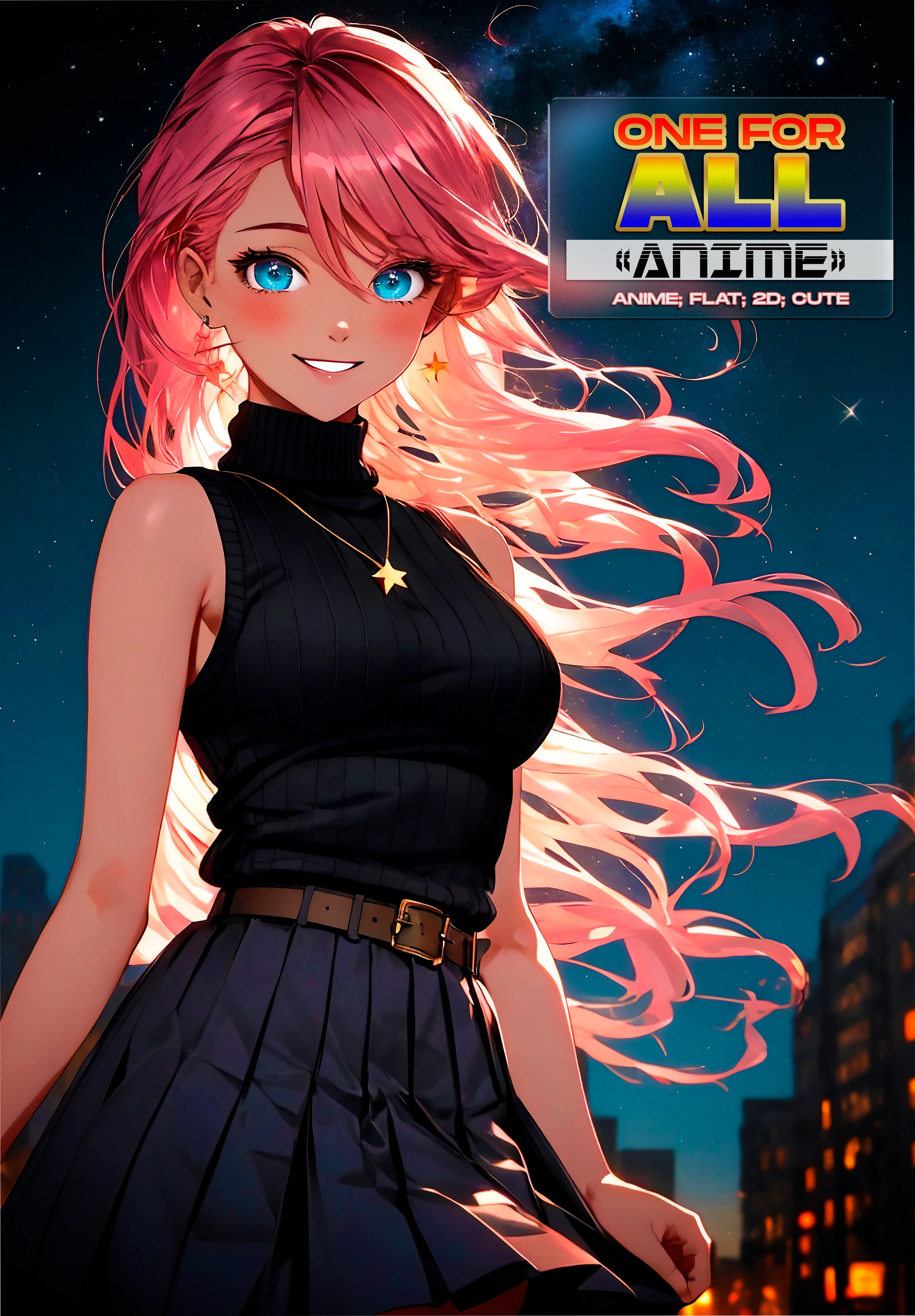 (upper body, solo, night city background, starry night)
<lora:beautiful detailed eyes:0.7>
<lora:Furtastic_Detailer:0.7>
<lora:wrenchsfantasy:0.7> wrenchsfantasy, fantasy, glowing
1girl, pink hair, long hair, blue eyes, hair between eyes, blush, confident smile, perfect cuteness, bangs, medium breasts, smile, black sweater, turtleneck sweater, sleeveless, necklace, skirt, pleated skirt, black skirt, black belt
(cinematic light, depth of field)