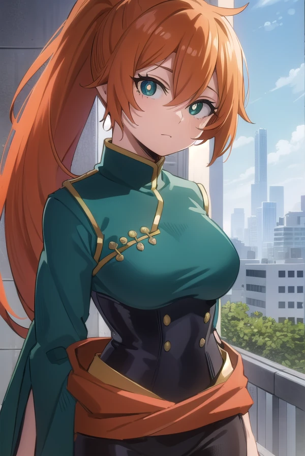 itsukakendo, <lora:itsuka kendo s5-lora-nochekaiser:1>,
itsuka kendo, long hair, (green eyes:1.3), ponytail, orange hair,
BREAK chinese clothes, long sleeves, wide sleeves,
BREAK outdoors,
BREAK looking at viewer, (cowboy shot:1.5),
BREAK <lyco:GoodHands-beta2:1>, (masterpiece:1.2), best quality, high resolution, unity 8k wallpaper, (illustration:0.8), (beautiful detailed eyes:1.6), extremely detailed face, perfect lighting, extremely detailed CG, (perfect hands, perfect anatomy),