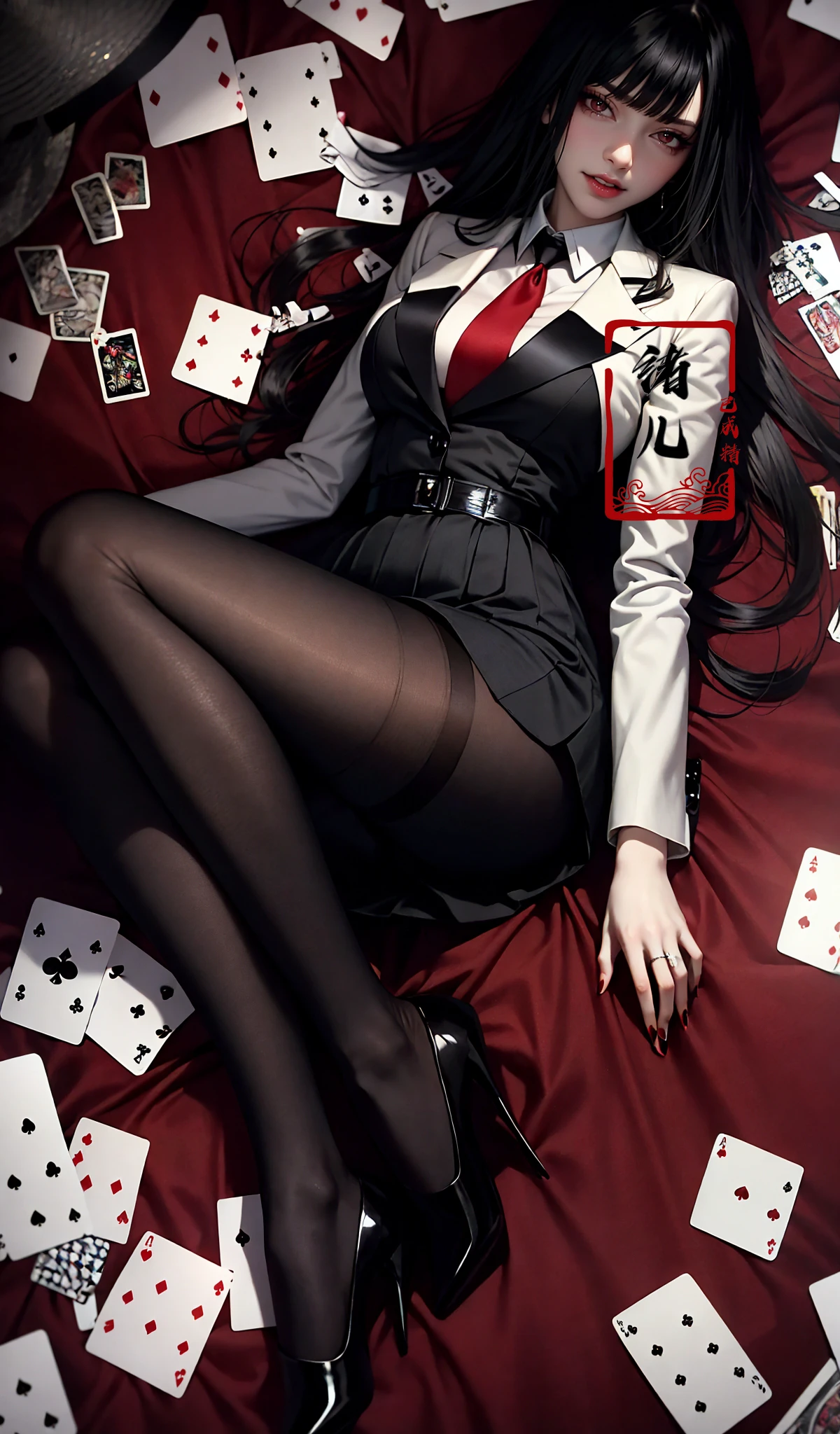 Yumeko Jabamiplaying card
(full body:1.1), nail polish red nailsred eyesblack pantyhose
<lora:~Q?-Yumeko Jabami:0.8>