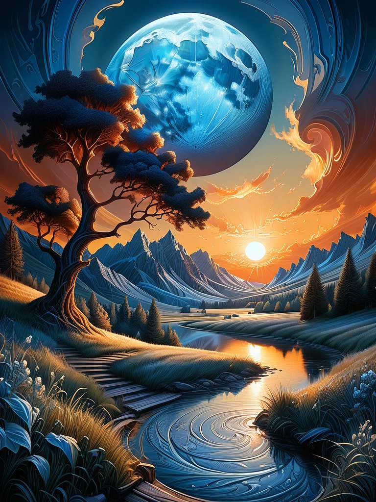 art by Phil Koch, Meghan Howland bluemoon Digital ral-epochelves Illustration of a summerscape sunset luminism, ultra highly detailed, 32 k, Fantastic Realism complex background, dynamic lighting, lights, digital painting, intricated pose, highly detailed intricated <lora:ral-epochelves-sdxl:1>