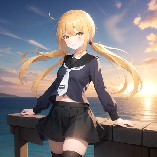 ((masterpiece)),(best quality),official art,extremely detailed CG,unity 8k wallpaper,ultra detailed,A lighthouse on a cliff by the sea,1girl,solo,cowboy shot,long_hair,blonde_hair,black_shirt,school_uniform,yellow_eyes,serafuku,long_sleeves,smile,crescent,white_necktie,low_twintails,black_thighhighs,black_skirt,looking_at_viewer,<lora:Satsuki(kan)>,